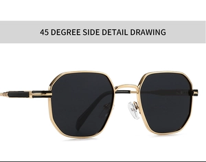 Detailed 45-degree side view of polygon gold metal sunglasses with black lenses