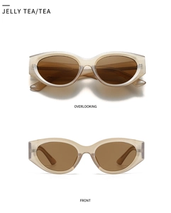 Detail view of oval jelly tea sunglasses from front and overlooking angles