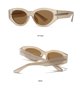 Detail view of retro cat-eye sunglasses showing 45-degree side and back folded perspective