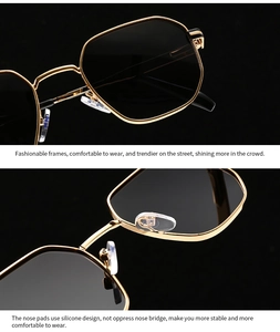 Detailed view of golden polygonal frame sunglasses with comfortable silicone nose pads