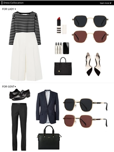 Flat lay of polarized hexagonal sunglasses with casual and formal outfit pairing options