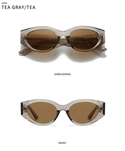 Front and top views of tea gray oval vintage sunglasses with tinted tea lenses