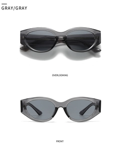 Front and top view of modern gray transparent sunglasses with dark tinted lenses
