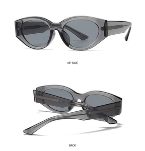Detail view of cat eye sunglasses showing the 45 degree side profile and back design