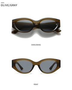 Close-up of olive green oval sunglasses with gray lenses in top and front views