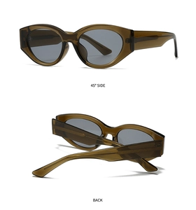 Detailed 45-degree side and back view of retro translucent amber cat-eye sunglasses