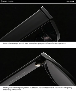 Detail of metal hinge and TR28060 model specifications on black acetate sunglasses frame
