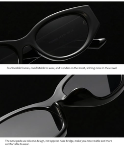 Detail view of black cat-eye sunglasses featuring silicone nose pads and CE specifications