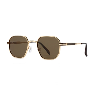Golden geometric polygon polarized sunglasses with brown lenses in 45-degree view