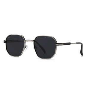 Polarized hexagonal metal sunglasses in gunmetal grey with premium black lenses