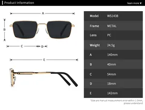 Detailed size chart for square polarized sunglasses with precise metal frame measurements