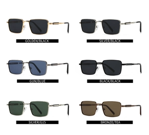 Multiple color options of square metal sunglasses including gold, silver and black frames