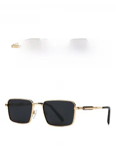 Front and side view of square polarized sunglasses with gold metal frame and dark gray lens