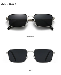 Detailed views of silver metal square sunglasses with black lenses from front and top angles