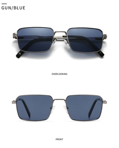 Detail of gunmetal rectangular sunglasses with blue lenses from front and top view