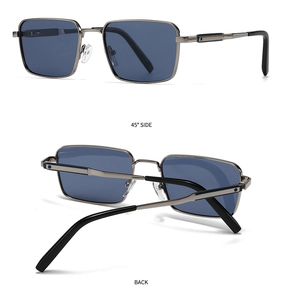 Detailed 45-degree side and back views of silver metal square polarized sunglasses