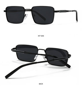 Polarized square black sunglasses with metal frames showing 45-degree side and back view