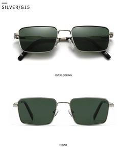Detail view of silver metal square sunglasses with G15 green lenses and black tips