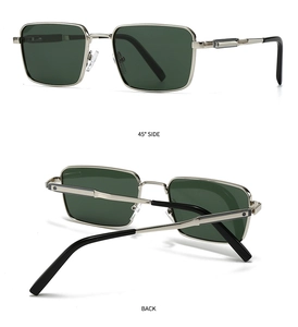 Detail view showing 45-degree side and back of silver metal rectangular sunglasses
