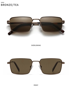 Detailed view of bronze square sunglasses with tea lenses from front and top angles