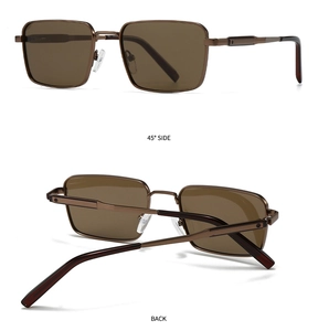 Detailed side and back view of bronze square sunglasses with dark brown polarized lenses