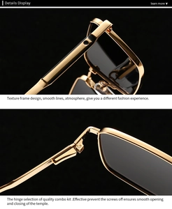 Detail of champagne gold metal hinge and smooth frame on polarized square sunglasses