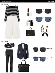 Flat lay of polarized square sunglasses paired with stylish men and women outfits