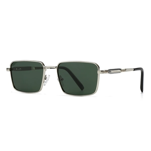 Square silver metal sunglasses with dark green lenses and modern minimalist frames