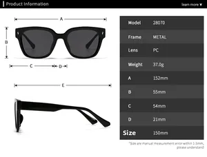 Detailed size chart for retro oversized square metal frame sunglasses showing dimensions