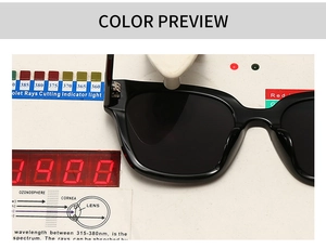 Close-up of black frame sunglasses showing professional UV 315-380nm protection testing