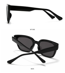 Detail view of 90-degree side profile and back folding of black square sunglasses