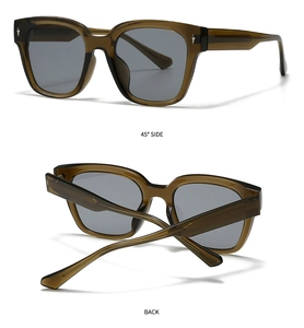 Detail view of translucent brown sunglasses with silver star accents and grey lenses