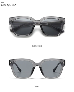 Front and top view of transparent grey sunglasses with star metal rivet detailing