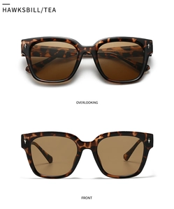Detail view of tortoiseshell square sunglasses with tea lenses and silver star rivets