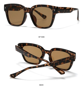 Detailed side and back view of retro square tortoise shell sunglasses with brown lenses