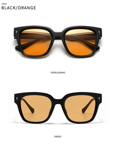 Dual view of retro black square frame sunglasses with orange lenses and star rivets