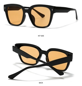 Detail view of vintage black square sunglasses featuring silver star rivets and orange lenses