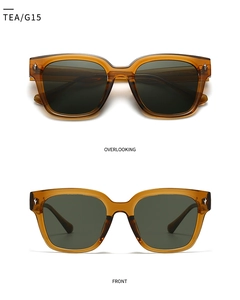 Front and top view of retro square tea sunglasses with silver star rivets and G15 lenses