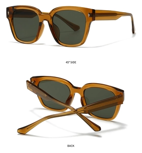 Detail view of amber retro sunglasses showing 45-degree side and back angles