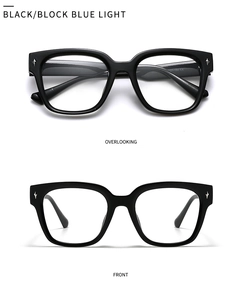 Close-up of retro black square frames with star rivets and anti-blue light lens detail