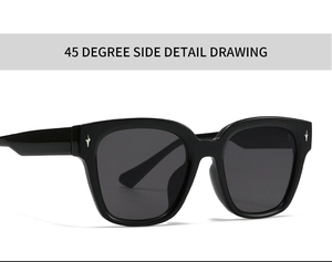 Detailed 45-degree view of black rectangle sunglasses with silver star rivets