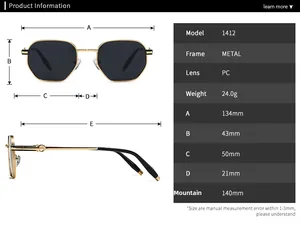 Detailed size chart for model 1412 polarized metal sunglasses with precise dimensions