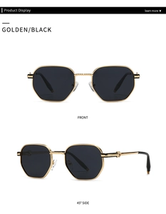 Front and side view of hexagonal golden metal sunglasses with black lenses in a high-detail shot