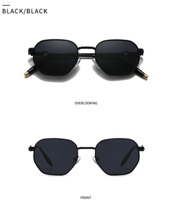 Detail view of black polygon sunglasses featuring metallic gold accents and dark lenses