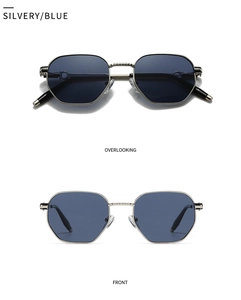 Front and top view of silver metal hexagonal polarized sunglasses with blue lenses