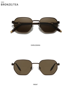 Front and top view of bronze metal hexagonal sunglasses with tea lenses and nose pads
