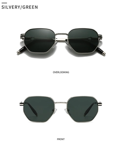 Close-up of silvery hexagonal sunglasses with dark green lenses in front and top view