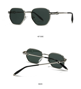 Detailed views of silver polygonal polarized sunglasses with metallic hinges and dark lenses