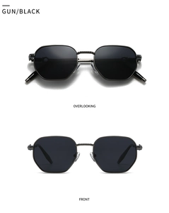 Detail view of gunmetal hexagonal sunglasses with black polarized lenses and metal frame