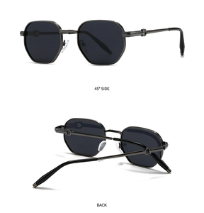 Detail view of polarized sunglasses featuring horse-shoe metal buckle and 45 degree side angle